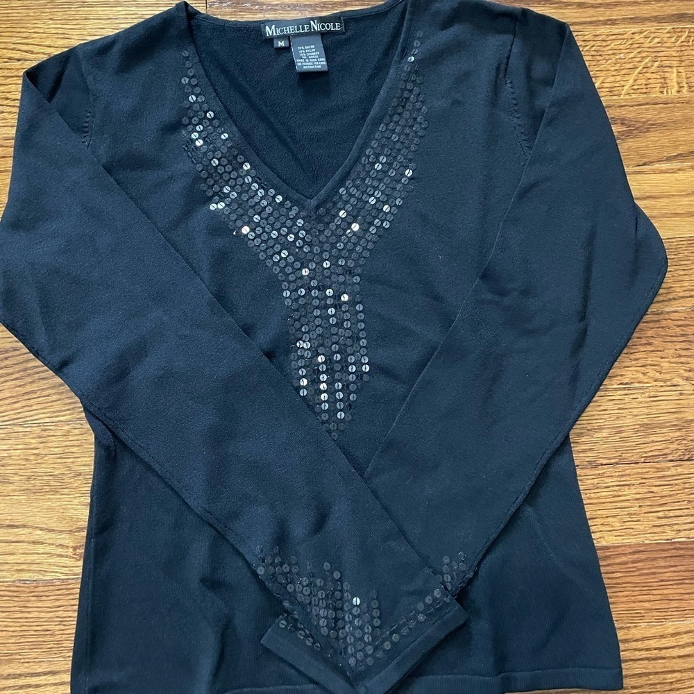**4/$12** Michelle Nicole Long Sleeve Black Sequined Top Size Medium